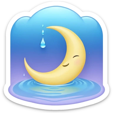 Minimalist pastel emoji of a crescent moon resting inside a glowing blue water droplet with soft ripples and a lavender-mint glow aura, smooth gradients, gentle lighting, ASMR aesthetic. sticker