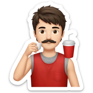generate an ios genmoji of a fair 20 year guy with black mustache, messy mullet hairstyle, drinking takeaway coffee. wearing a sleeveless red tshirt sticker