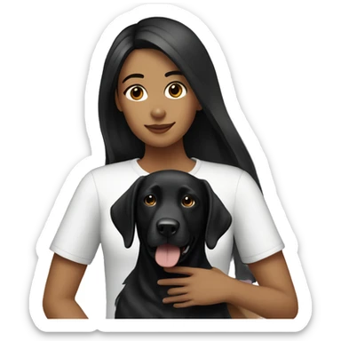 girl with long straight black hair holds her black Labrador sticker