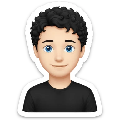 boy, young face like 20 years, blue eyes, medium curly hair black, easy smile, black t-shirt sticker