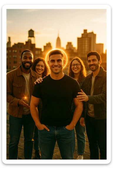 A cinematic scene of a man in his early 30s standing at the center of a sunlit urban rooftop during golden hour, surrounded by a diverse group of supportive, smiling people — friends, mentors, colleagues. They’re standing slightly behind or beside him, hands on his shoulder or gesturing toward him with encouragement. The man looks forward with a confident, inspired expression, body slightly relaxed, as if something inside di lui sta cambiando. The light behind the group forms a halo effect, emphasizing warmth and unity. Subtle visual symbolism: faint glow around their hands and hearts, suggesting their energy is uplifting him. Realistic clothing, modern style — jeans, T-shirts, casual jackets. The mood is inspiring, grounded, and full of potential. Shot in 35mm film style, with rich warm tones, shallow depth of field, and vibrant human detail. sticker