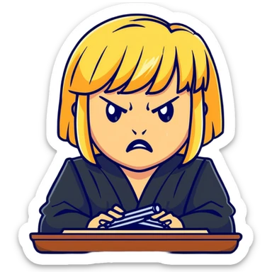 angry judge with blonde shoulder-length hair and bangs sticker