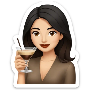 Happy looking black haired female Hispanic looking  drinking espresso martini long hair brown balayage  sticker