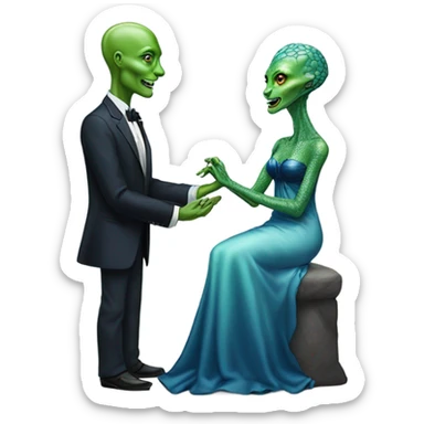 alien reptilian green skin woman, in long slim pastel blue formal party satin dress with gradient shiny sparkling navy blue diamonds embroidered , and caucasian man in black dres on his knees asks her to marry her sticker