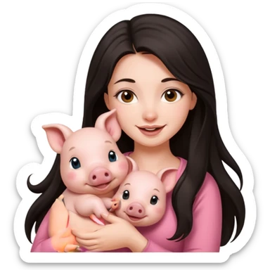 Ragazza bellissima sexy capelli lunghi scuri con un piccolo maialino sticker