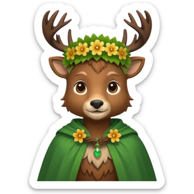 doe dressed as a druid, flower crown, green cape sticker