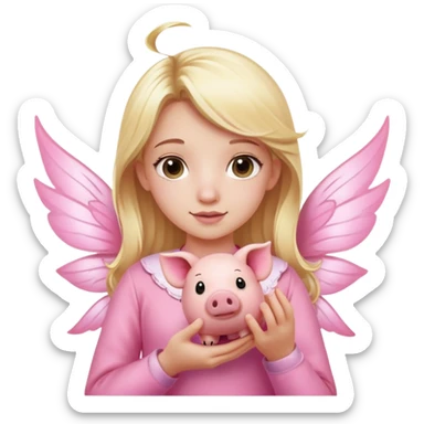 a blonde girl wearing pink clothes holding a pink pig with fairy wings sticker
