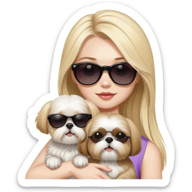 Blonde girl with long hair and pale skin and sunglasses holding Shih Tzu without glasses  sticker