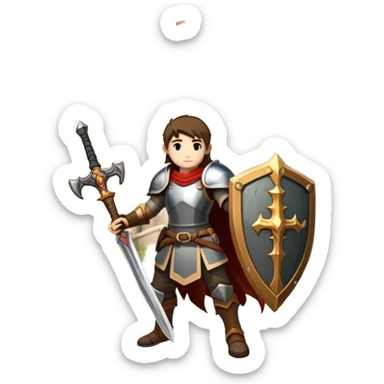 An icon symbolizing a RPG game, featuring a character holding a sword and shield, standing in front of a fantasy world with castles, dungeons and mythical creatures. The design emphasizes exploration, quests with elements like health bars and inventory icons. Transparent background sticker