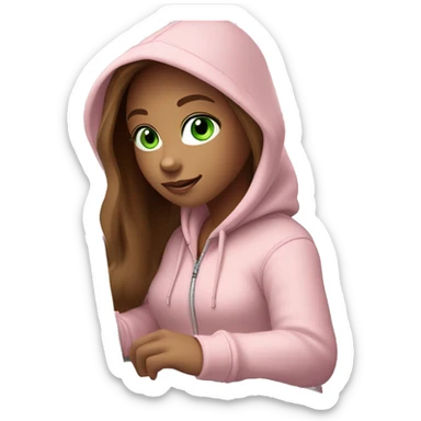 a girl with brown long hair, light beige skin, green eyes, is working relaxed at a modern laptop in a monochrome pale pink zip hoodie with a hood and a pink monochrome T-shirt sticker