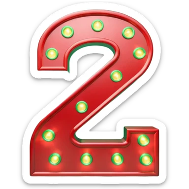 A 3D number 2 in a movie theater setting, shiny red surface; bright string lights on the number, the border is green with tiny string lights like stroke ; cinematic glow with subtle haze; glossy, premium Hollywood countdown look; centered composition. sticker