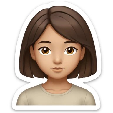A thin 10-year-old girl with Asian heritage, shoulder-length brown hair with two distinctly light strands framing her face, large slightly slanted dark brown eyes, olive skin, and light brown, not narrow eyebrows sticker