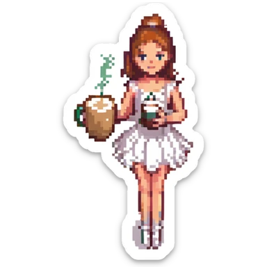person standing in a ballet pose holding a latte, pixel art style sticker