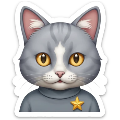 A cat with star eyes wearing a gray shirt sticker