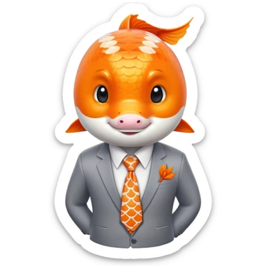 A charming and professional koi fish character, sleek rounded body with orange and white patterns, expressive eyes, friendly smile, wearing a neat business suit, white shirt, and tiny tie sticker