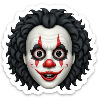 generate white clown mask emoji with a big curly black hair 

black coloured  lips and no teeth, no red nose but instead long and pointy white nose with no nostrils, pitch black eyes with no pupils, no brows sticker