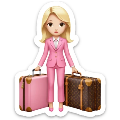 Blonde girl pink suit suitcase Louis Vuitton sticker
