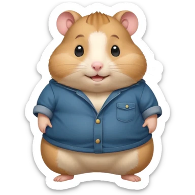 Cute chubby cartoon-style hamster wearing oversized pants that look too big, proud and smiling expression. Painterly shading, white background, sticker-style illustration sticker