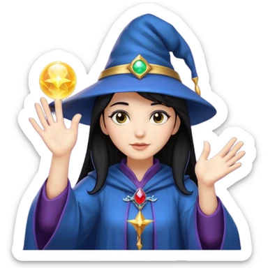 female wizard with black hair under a wizards hat with both hands palm up sticker