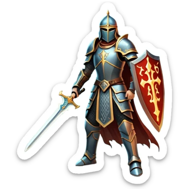 An icon representing RPG, inspired by Elden Ring. The design features a warrior in armor, holding a sword, standing in front of a mystical, dark landscape with glowing runes and a distant castle. The atmosphere evokes epic quests, exploration, and intense battles. Transparent background sticker