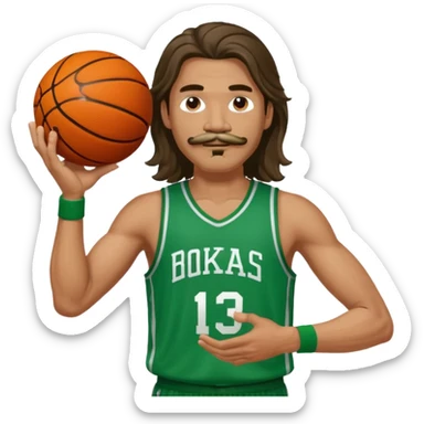 long haired man basketball player green jersey with mustache holding basket ball sticker