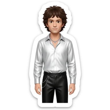 Keith Moon with brown eyes, dark brown hair, white metallic shirt, black metallic baggy pants, silver necklace sticker