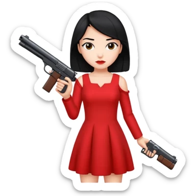 girl with black hair and a red dress holding a gun sticker
