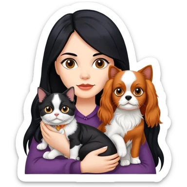 woman with long black hair holding an American Shorthair cat and a Cavalier King Charles Spaniel dog sticker