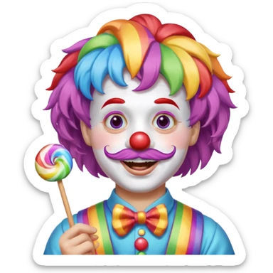 Funny clown — rainbow wig, mustache, candy in hand sticker