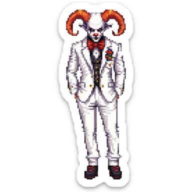 full-body demonic clown in a white leisure suit with bellbottom pants, bald, black ram horns, wearing elevator shoes sticker