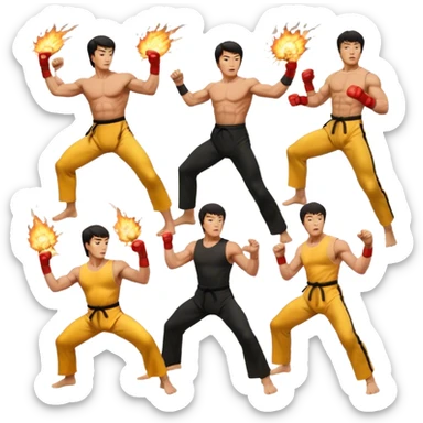 Collage of Arnold Schwarzenegger, Sylvester Stallone, Bruce Lee, and Jackie Chan in intense action poses, surrounded by explosions, martial arts moves, weapons, and fast-paced stunts. The design should capture the high energy and heroism of classic action films. Transparent background. sticker