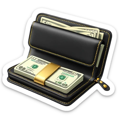 Rich emoji style black leather wallet with dollar bills, luxury money vibe, premium 3D emoji, ultra clean, high detail, no background
 sticker