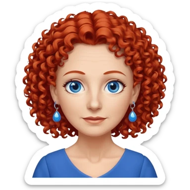 una profesora mayor simpática con el pelo rojo rizado, ojos azules, vestido azul y pendientes azules hablando altura completa sticker