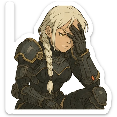  she is wearing armor, maximum power , facepalm smh, a closeup portrait of young woman with gold yellow eyes, white hair, long braid, black off-shoulder top d-cup, punk gothic style, futuristic cyberwave cyberpunk, sitting position sticker