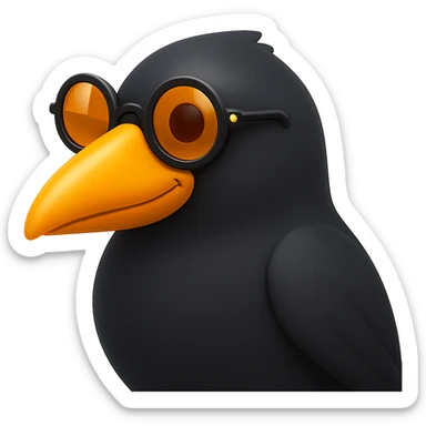 Make the bird emoji more emoji-like but keep the detailed, slightly cartoonish style of the reference. Smooth out the feather texture just a bit, add a subtle emoji shine, and keep the orange beak and round sunglasses. Bird looking to the left. No background. sticker