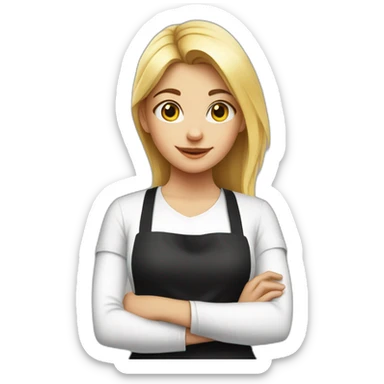 girl in a white T-shirt and a black apron shows a cross with her hands sticker