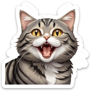 Cinematic Cute Yawning Grey and Black Brown Tabby Cat Portrait Emoji, Head tilted slightly with a dramatic, wide-open yawn, sleek grey-brown fur with dark black tabby stripes, sparkling amber eyes barely open, Simplified yet irresistibly adorable features, highly detailed, glowing with a soft, cozy glow, high shine, relaxed yet expressive, stylized with a touch of whimsy, bright and endearing, soft glowing outline, capturing the essence of a sleepy yet affectionate kitty, so drowsy it feels like it could stretch right out of the screen and curl up for a nap! sticker