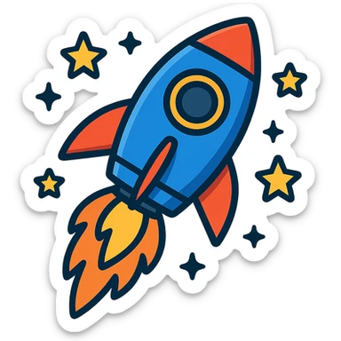 rocket ship with flames and stars around it sticker
