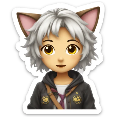 A cheeky cosplay neko girl, not too pretty but kind of adorable, messy hair, cheeky sticker