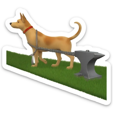 Pack hound standing on green grass pulling an anvil with an electric shaver cutting a path. showing a shaven  path along green grass by leads or chains. Show the shaver cutting the grass sticker