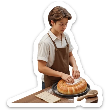 A young apprentice baker in a cozy, old-fashioned bakery. Surrounded by wooden countertops, cast iron baking trays, and a stone oven. His apron is dusted with flour, and analog timers tick beside handwritten recipe cards. The scene is textured with aged wood, metal, and soft fabric. sticker
