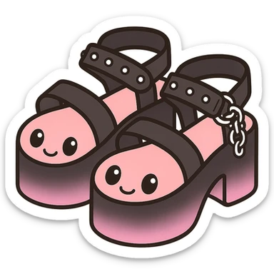 Add a gradient effect from black to pastel pink on the platform sandals with silver studs and chains, kawaii style, no socks, no hearts, transparent background sticker