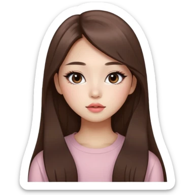 “korean straight long brown hair Emoji girl, soft eyeliner and blush, gradient lips, light brown shimmer eyeshadow sticker