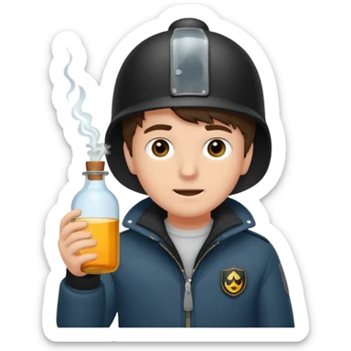 erstell ein bild Von eine jungen der braune augen hat eine sturmhaube trägt und eine Jacky flasche in der Hand hebt plus eine Jacke mit schwarzen fell sticker