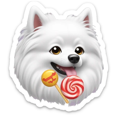 Japanese spitz dog eating candy sticker