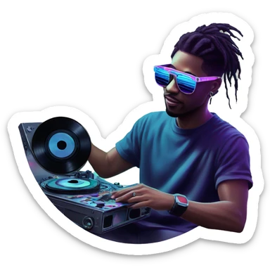 A dj wearing sunglasses playing music holding a cd record record, vinyl, oilslick holographic blacklight inverted graffiti dark dull sticker