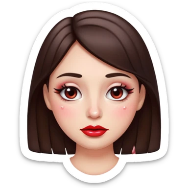 “Emoji brunette girl, dewy skin, heavy blush across cheeks and nose bridge, glossy cherry lips, soft eyeliner, teary sparkling eyes sticker