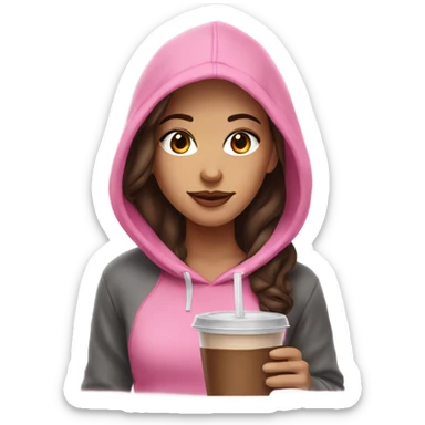 white girl with dark brown hair in a pink hoodie with iced coffee sticker