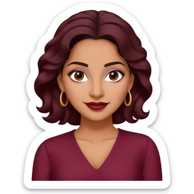 Puerto Rican actress Lynette Torres, woman with warm brown skin, attractive elegant features, expressive dark eyes, well-defined eyebrows, straight nose, friendly smile, long dark wavy hair, wearing a fashionable burgundy top sticker