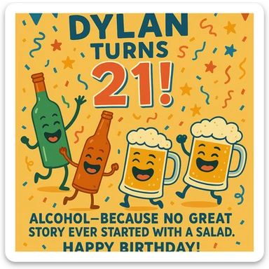 Add the funny drink quote: 'Alcohol—because no great story ever started with a salad.' Keep all original graphics and style. sticker